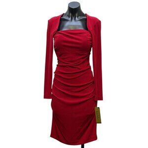NWT Nicole Miller Red Long Sleeve Ruched Stretch Dress Size L